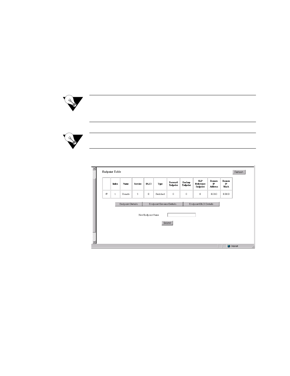 Endpoint table screen, Endpoint details screen, Endpoint table screen -32 | Endpoint details screen -32 | Verilink FrameStart FSM (34-00299.E) Product Manual User Manual | Page 56 / 153