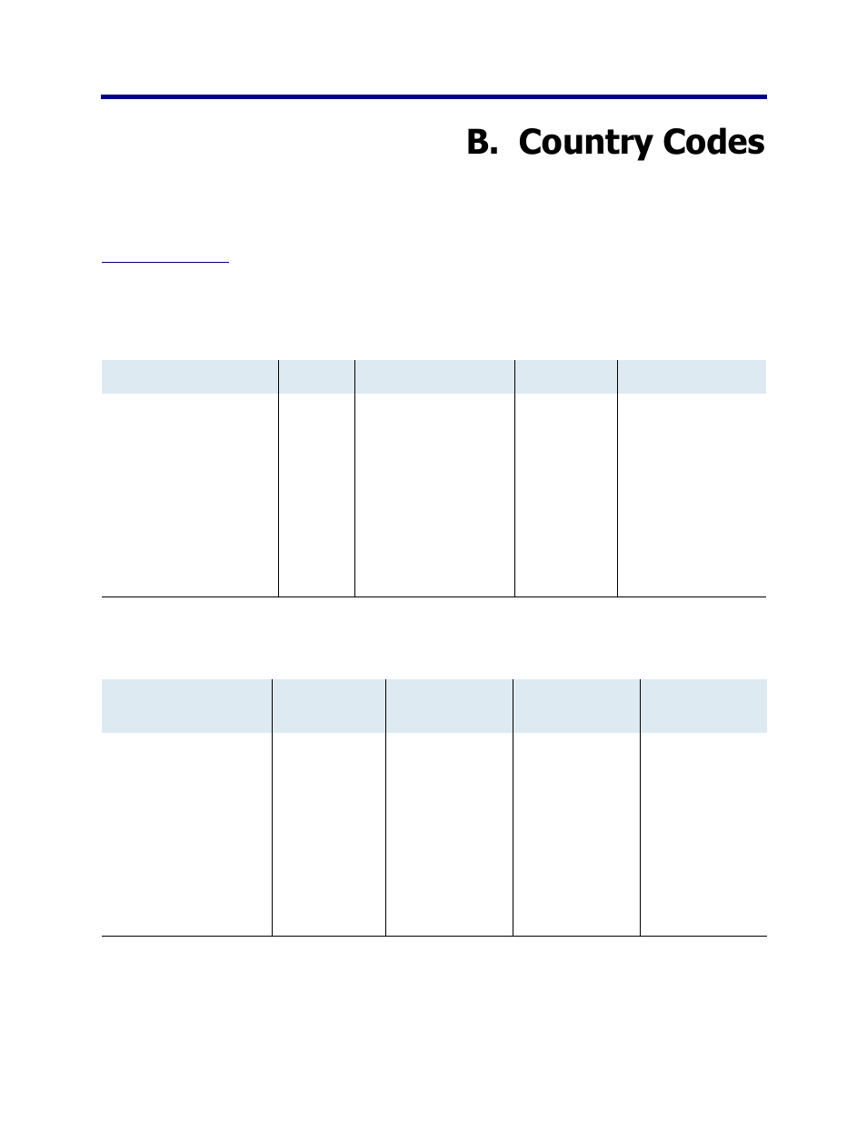 B. country codes, Country codes tables, Appendix b | Country codes | Verilink Net Engine (3150-30626-001) Product Manual User Manual | Page 296 / 323