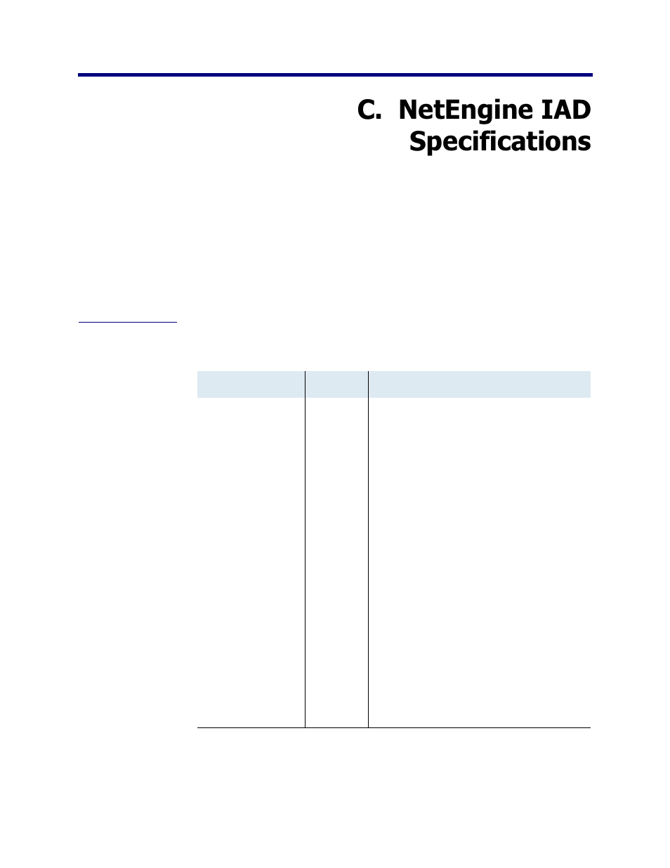C. netengine iad specifications, 6000 family, Table c–1. 6000 family analog voice features | Appendix c, Netengine iad specifications | Verilink Net Engine (3150-30626-001) Product Manual User Manual | Page 298 / 323