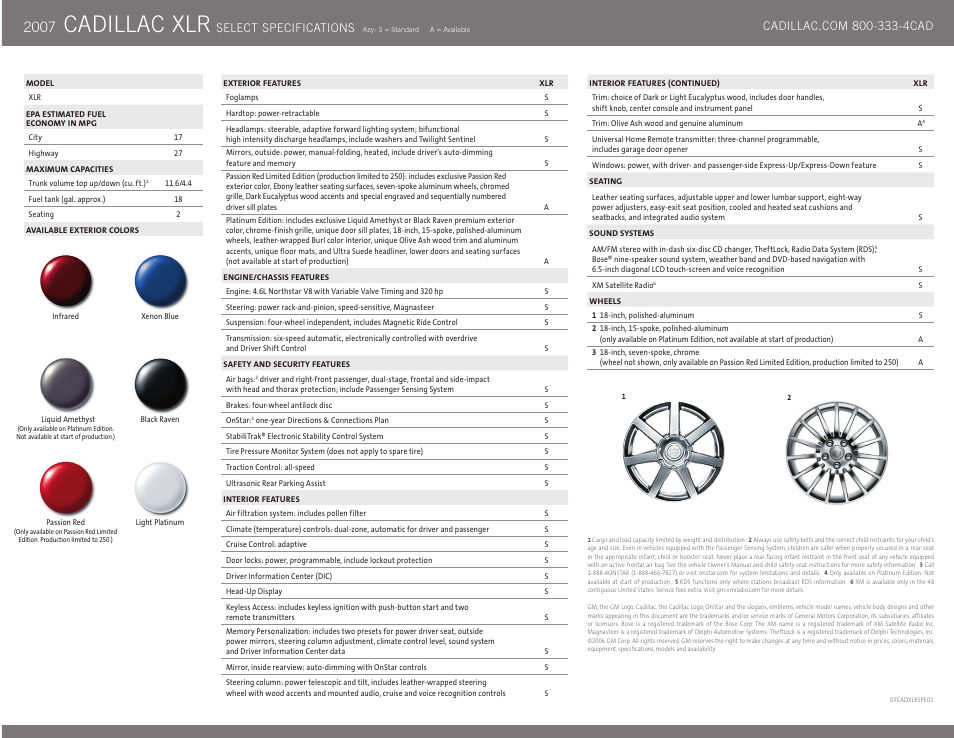 Cadillac xlr, Select specifications | Cadillac XLR User Manual | Page 2 / 2