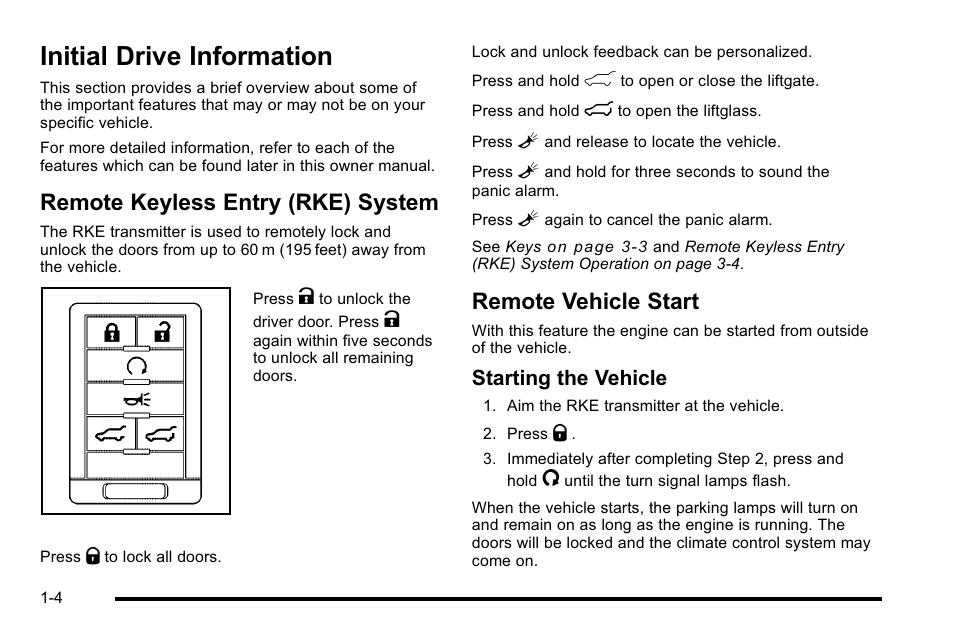 Initial drive information, Remote keyless entry (rke) system, Remote vehicle start | Initial drive information -4, Doors and locks -10, Starting the vehicle | Cadillac 2010 Escalade User Manual | Page 10 / 614