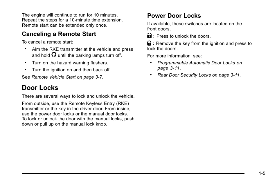 Door locks, Door locks -5, Canceling a remote start | Power door locks | Cadillac 2010 Escalade User Manual | Page 11 / 614