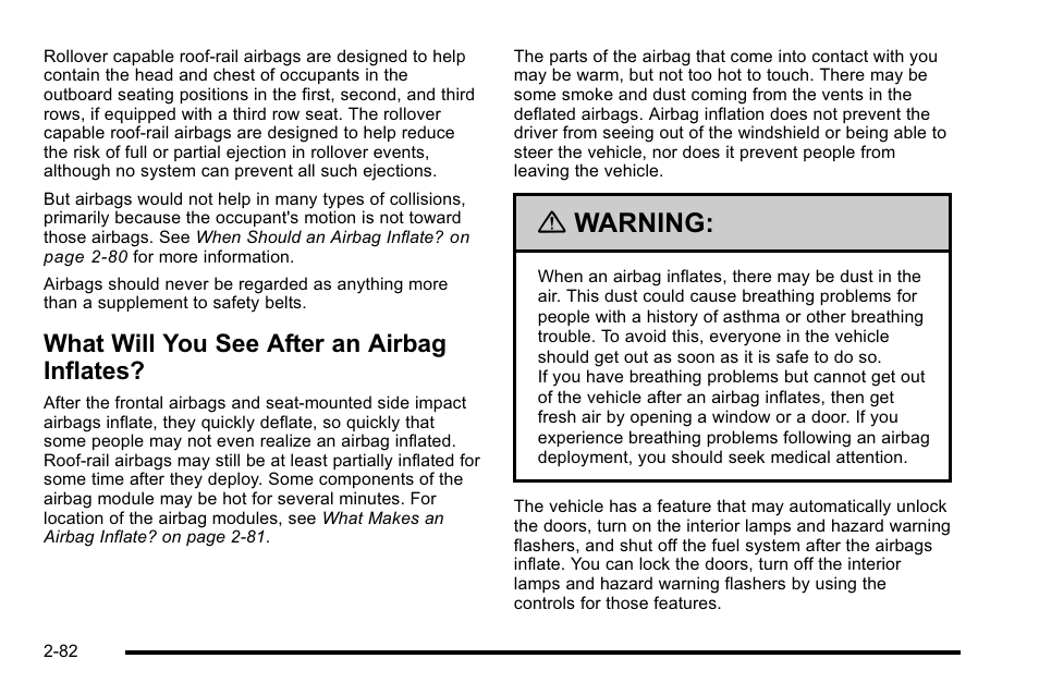 What will you see after an airbag inflates, What will you see after an airbag inflates? -82, Warning | Cadillac 2010 Escalade User Manual | Page 114 / 614