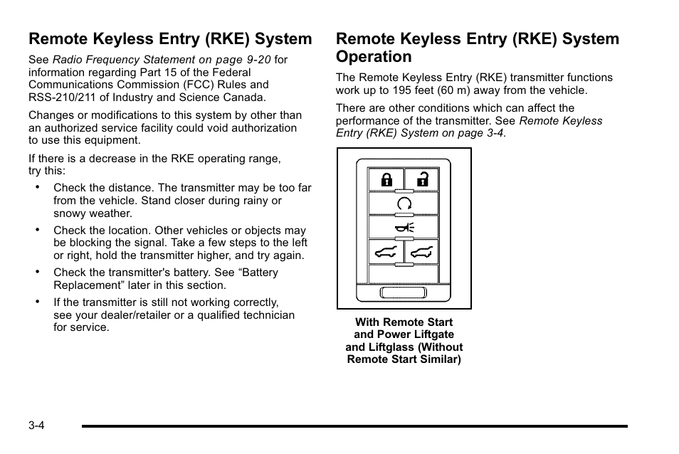 Remote keyless entry (rke) system, Remote keyless entry (rke) system operation, Operation -4 | Cadillac 2010 Escalade User Manual | Page 128 / 614