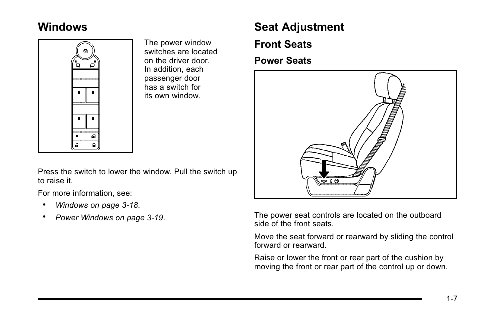 Windows, Seat adjustment, Windows -7 seat adjustment -7 | Front seats | Cadillac 2010 Escalade User Manual | Page 13 / 614