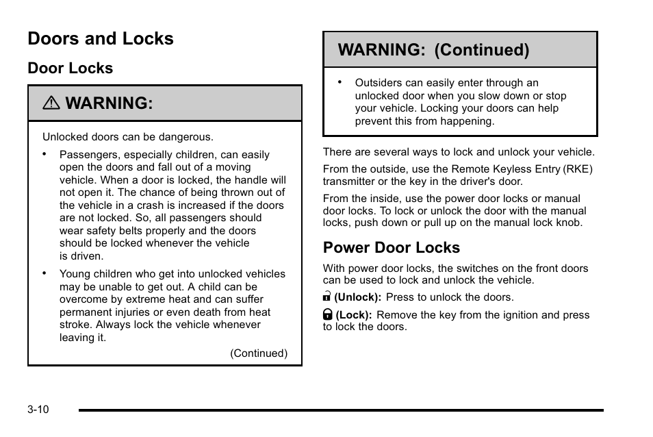 Doors and locks, Door locks, Power door locks | Doors and locks -10, Door locks -10 power door locks -10, Warning, Warning: (continued) | Cadillac 2010 Escalade User Manual | Page 134 / 614