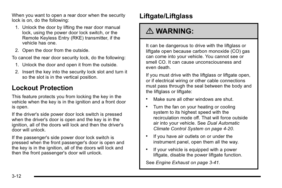 Lockout protection, Liftgate/liftglass, Lockout protection -12 liftgate/liftglass -12 | Warning | Cadillac 2010 Escalade User Manual | Page 136 / 614