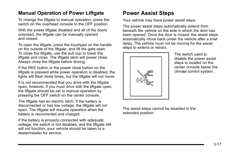 Power assist steps, Power assist steps -17, Manual operation of power liftgate | Cadillac 2010 Escalade User Manual | Page 141 / 614