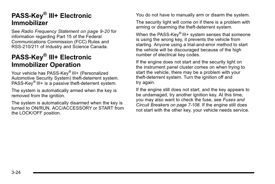 Pass-key® iii+ electronic immobilizer, Pass-key® iii+ electronic immobilizer operation, Pass-key | Iii+ electronic immobilizer -24, Iii+ electronic immobilizer, Operation -24, Iii+ electronic immobilizer operation | Cadillac 2010 Escalade User Manual | Page 148 / 614