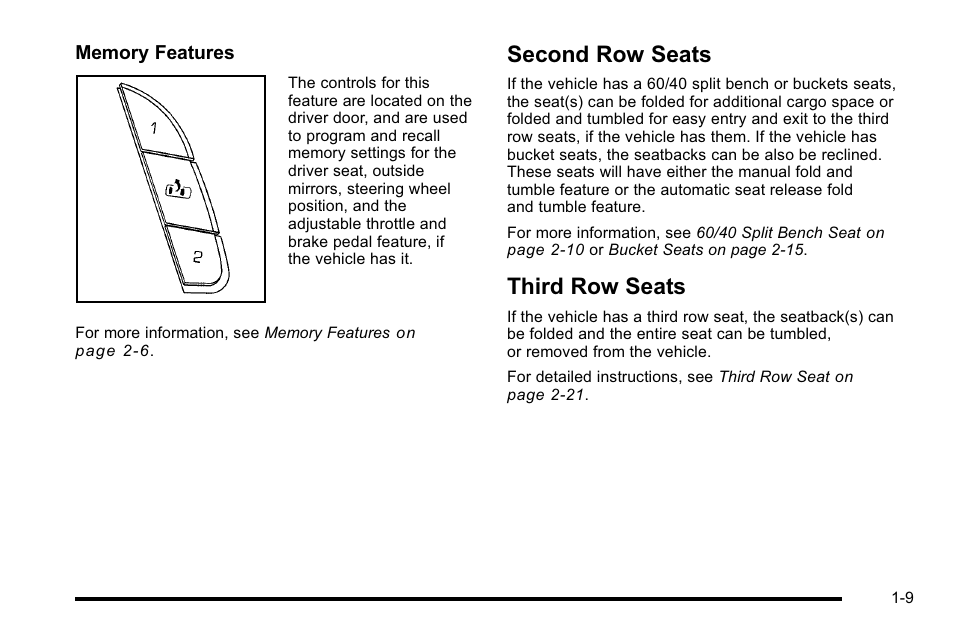 Second row seats, Third row seats, Second row seats -9 third row seats -9 | Cadillac 2010 Escalade User Manual | Page 15 / 614