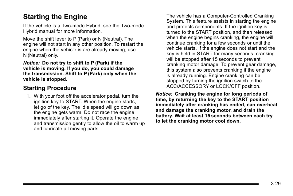 Starting the engine, Starting the engine -29 | Cadillac 2010 Escalade User Manual | Page 153 / 614