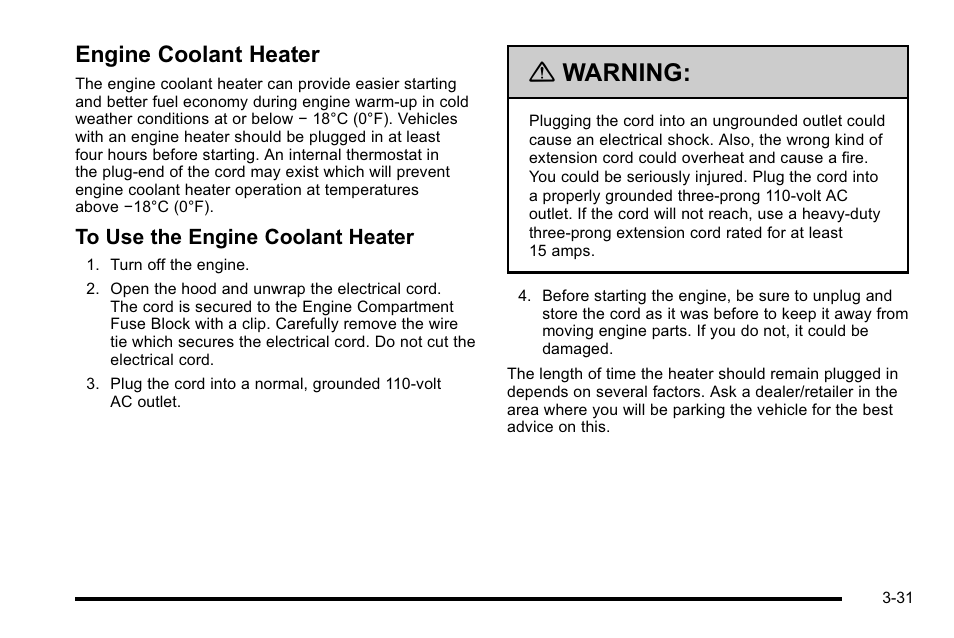 Engine coolant heater, Engine coolant heater -31, Warning | Cadillac 2010 Escalade User Manual | Page 155 / 614