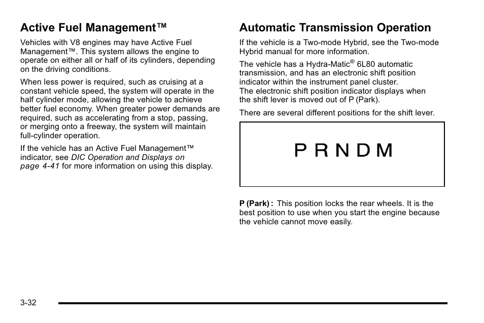 Active fuel management, Automatic transmission operation | Cadillac 2010 Escalade User Manual | Page 156 / 614