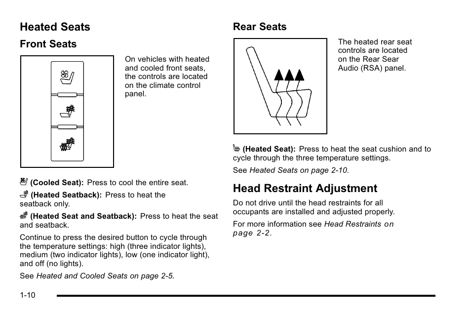 Heated seats, Head restraint adjustment, Heated seats -10 head restraint adjustment -10 | Front seats, Rear seats | Cadillac 2010 Escalade User Manual | Page 16 / 614