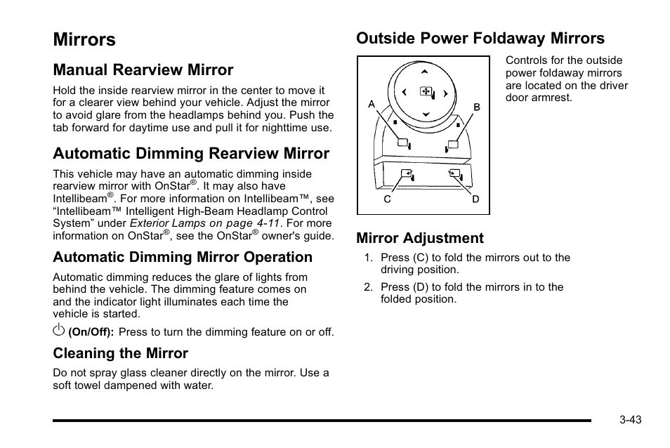 Mirrors, Manual rearview mirror, Automatic dimming rearview mirror | Outside power foldaway mirrors, Mirrors -43, Storage, Automatic dimming mirror operation, Cleaning the mirror, Mirror adjustment | Cadillac 2010 Escalade User Manual | Page 167 / 614