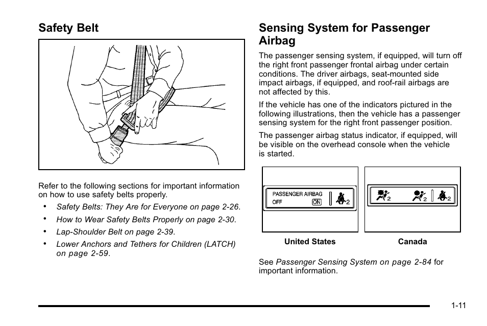 Safety belt, Sensing system for passenger airbag | Cadillac 2010 Escalade User Manual | Page 17 / 614