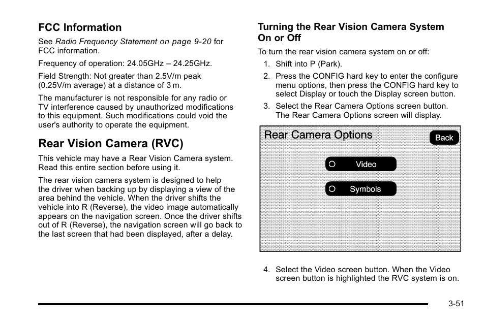 Rear vision camera (rvc), Rear vision camera (rvc) -51, Fcc information | Cadillac 2010 Escalade User Manual | Page 175 / 614