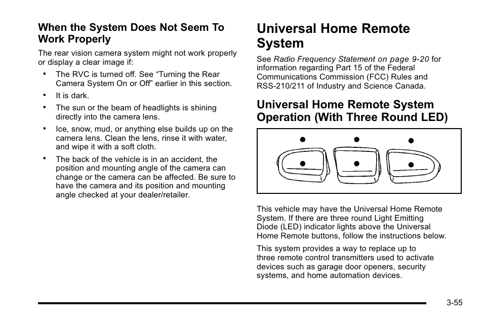 Universal home remote system, Home remote system -55, Universal home remote system -55 | Universal home remote system operation, With three round led) -55, When the system does not seem to work properly | Cadillac 2010 Escalade User Manual | Page 179 / 614