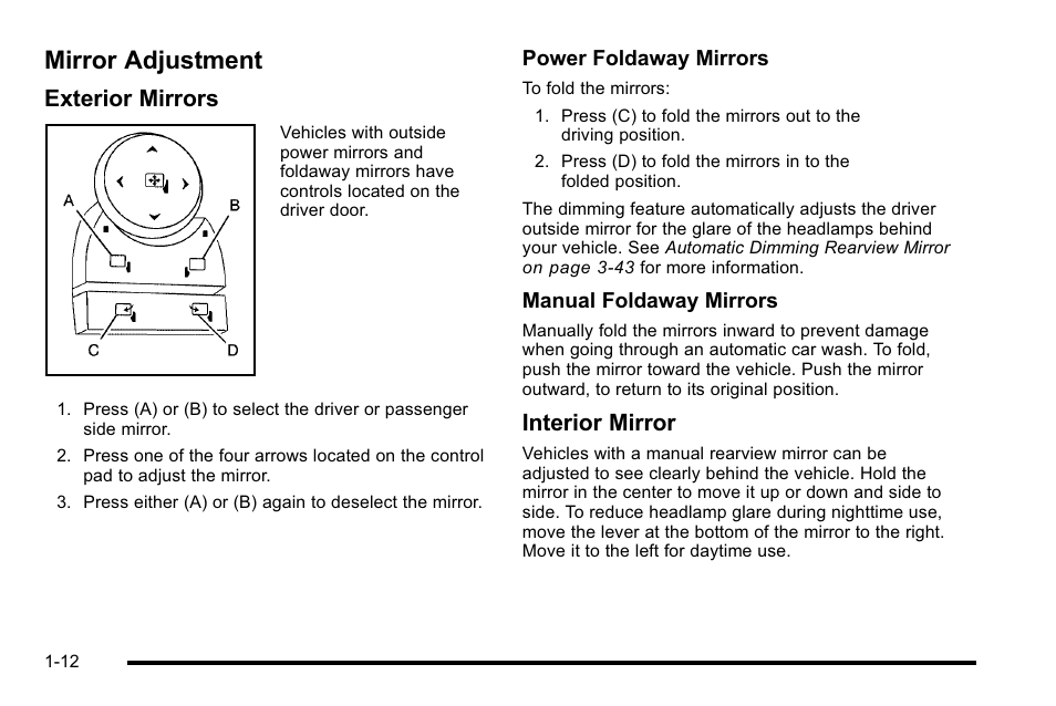 Mirror adjustment, Mirror adjustment -12, Exterior mirrors | Interior mirror | Cadillac 2010 Escalade User Manual | Page 18 / 614