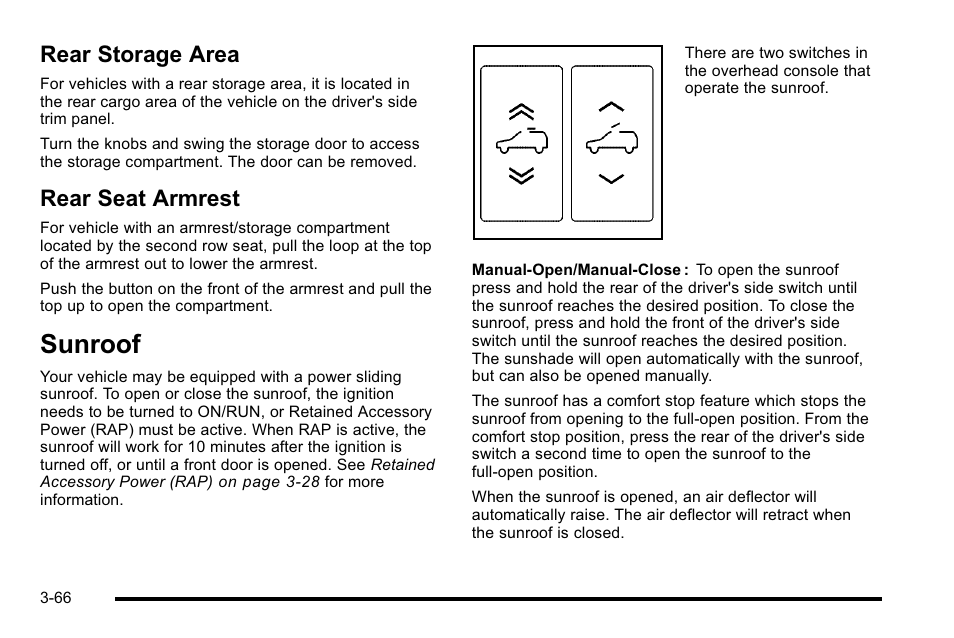 Rear storage area, Rear seat armrest, Sunroof | Rear storage area -66 rear seat armrest -66, Sunroof -66 | Cadillac 2010 Escalade User Manual | Page 190 / 614