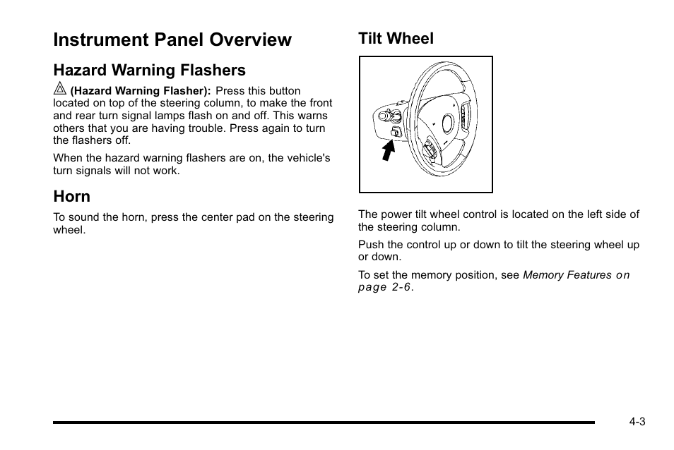 Instrument panel overview, Hazard warning flashers, Horn | Tilt wheel, Panel overview -3, Instrument panel overview -3, Hazard warning flashers -3 horn -3 tilt wheel -3 | Cadillac 2010 Escalade User Manual | Page 195 / 614