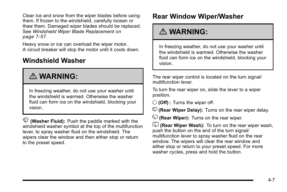 Windshield washer, Rear window wiper/washer, Windshield washer -7 rear window wiper/washer -7 | Warning | Cadillac 2010 Escalade User Manual | Page 199 / 614