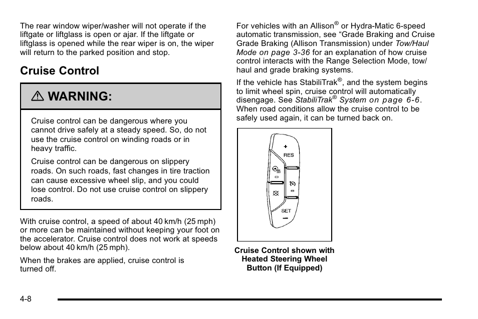 Cruise control, Cruise control -8, Warning | Cadillac 2010 Escalade User Manual | Page 200 / 614