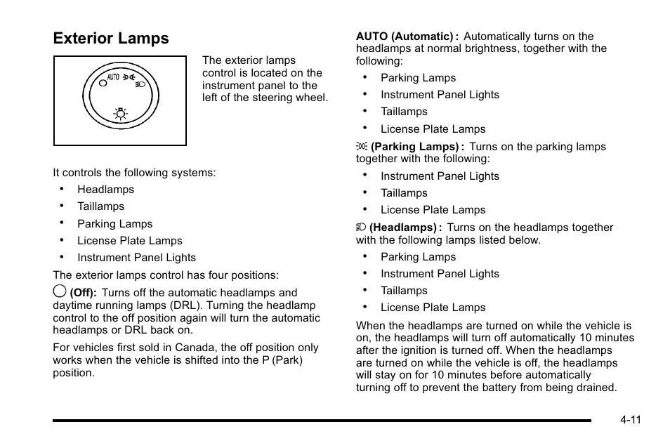 Exterior lamps, Exterior lamps -11 | Cadillac 2010 Escalade User Manual | Page 203 / 614