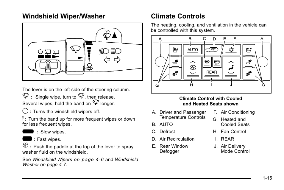 Windshield wiper/washer, Climate controls, Windshield wiper/washer -15 climate controls -15 | Cadillac 2010 Escalade User Manual | Page 21 / 614