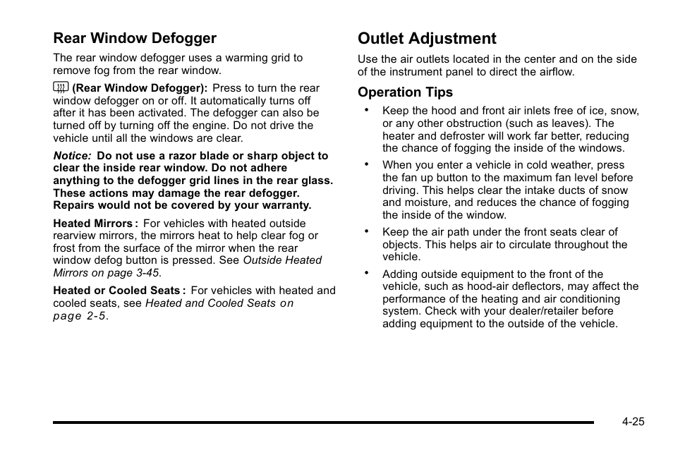 Outlet adjustment, Outlet adjustment -25, Rear window defogger | Operation tips | Cadillac 2010 Escalade User Manual | Page 217 / 614