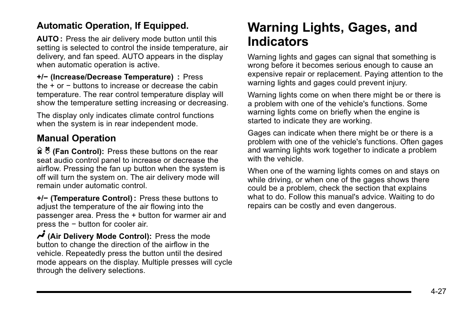 Warning lights, gages, and indicators, Warning lights, gages, and indicators -27 | Cadillac 2010 Escalade User Manual | Page 219 / 614