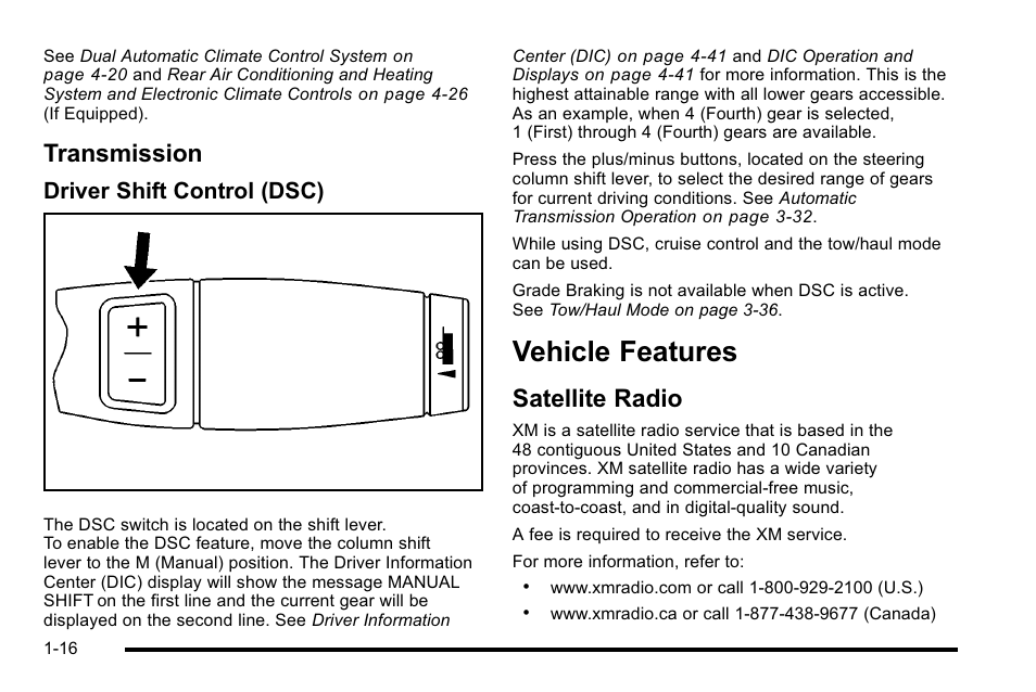 Transmission, Vehicle features, Satellite radio | Vehicle features -16, Windows, Transmission -16, Satellite radio -16, Driver shift control (dsc) | Cadillac 2010 Escalade User Manual | Page 22 / 614