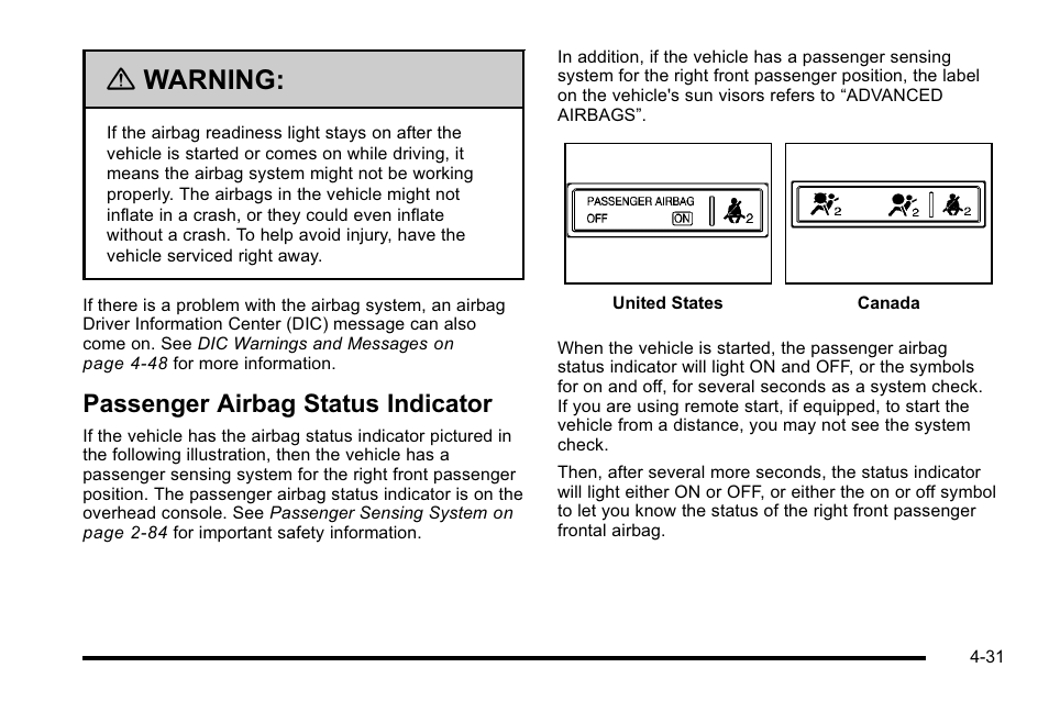 Passenger airbag status indicator, Passenger airbag status indicator -31, Warning | Cadillac 2010 Escalade User Manual | Page 223 / 614