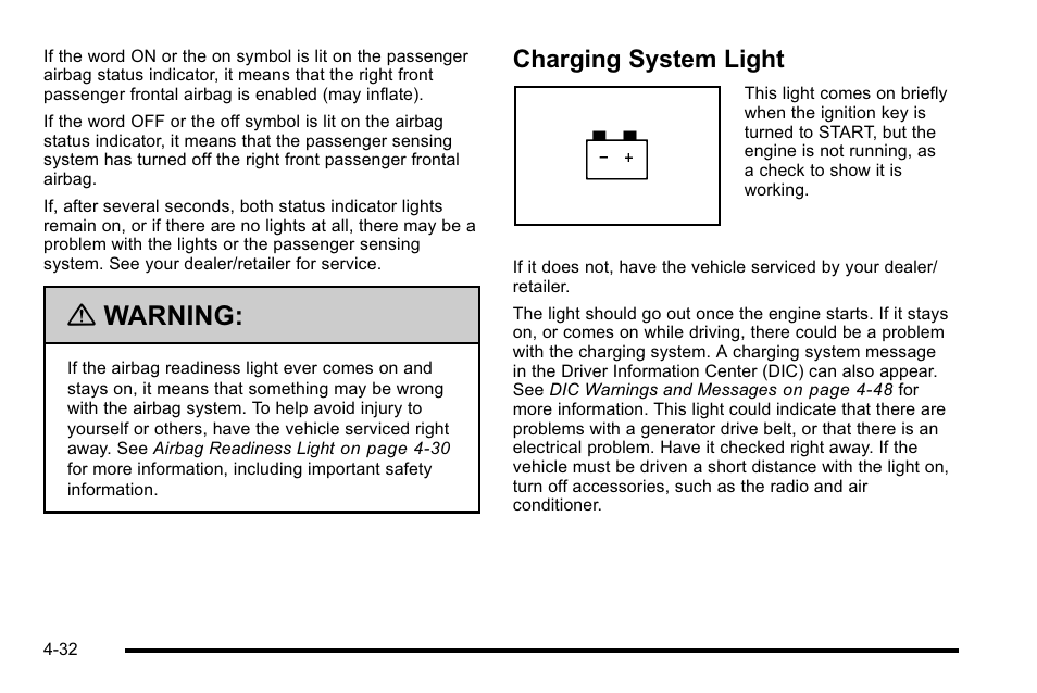 Charging system light, Charging system light -32, Warning | Cadillac 2010 Escalade User Manual | Page 224 / 614