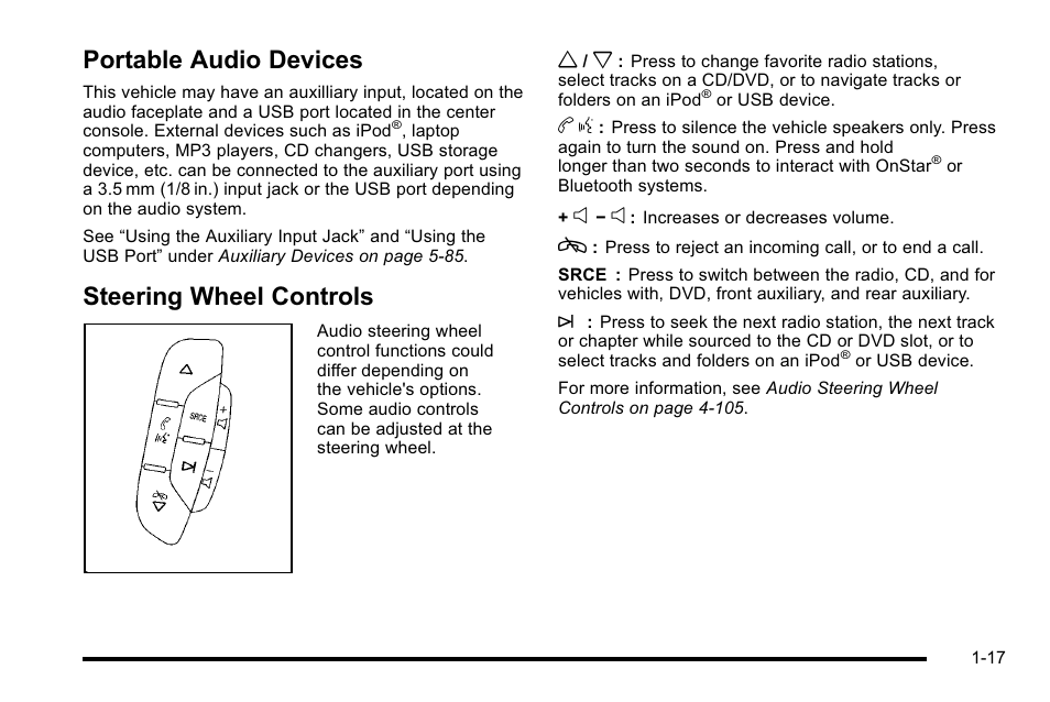 Portable audio devices, Steering wheel controls | Cadillac 2010 Escalade User Manual | Page 23 / 614