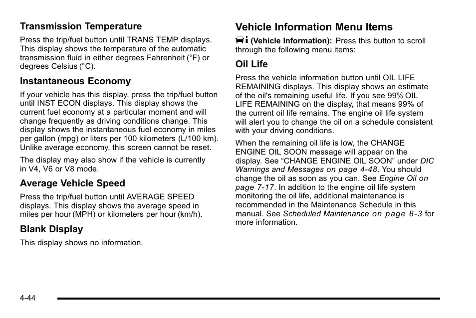 Vehicle information menu items t | Cadillac 2010 Escalade User Manual | Page 236 / 614