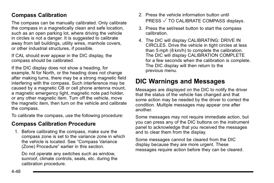 Dic warnings and messages, Dic warnings and messages -48 | Cadillac 2010 Escalade User Manual | Page 240 / 614