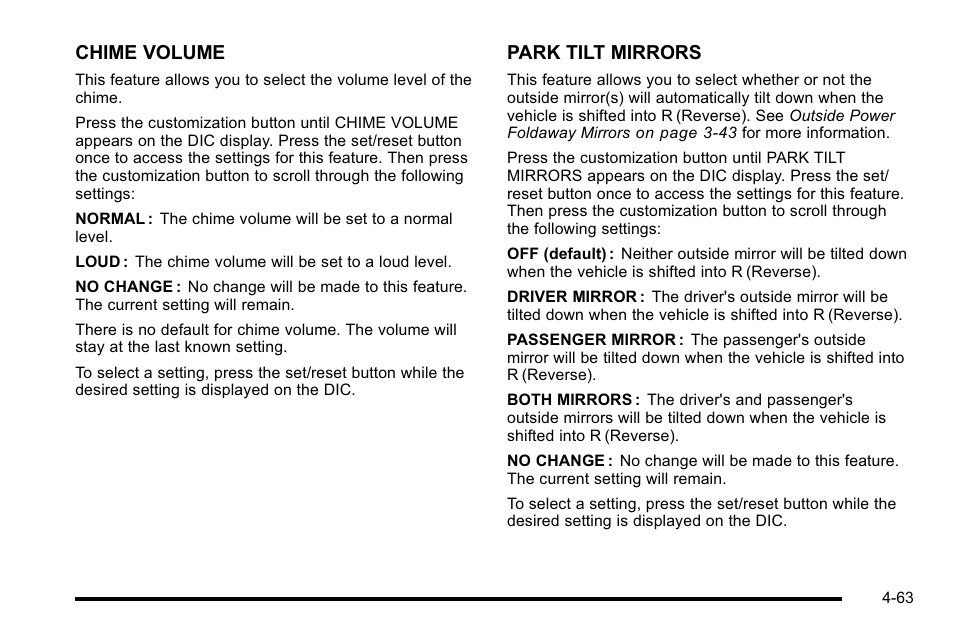 Chime volume, Park tilt mirrors | Cadillac 2010 Escalade User Manual | Page 255 / 614