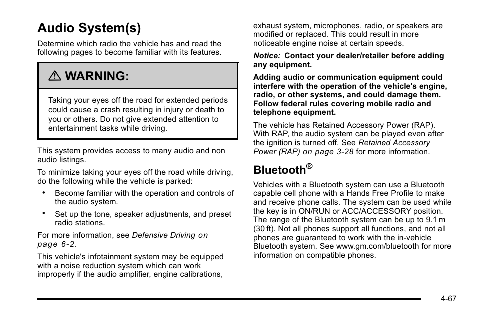 Audio system(s), Bluetooth, Audio system(s) -67 | Warning | Cadillac 2010 Escalade User Manual | Page 259 / 614