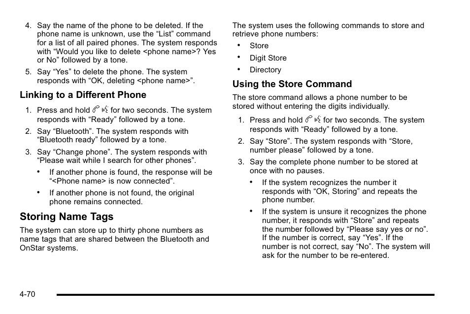 Storing name tags, Linking to a different phone, Using the store command | Cadillac 2010 Escalade User Manual | Page 262 / 614