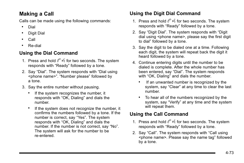 Making a call, Using the dial command, Using the digit dial command | Using the call command | Cadillac 2010 Escalade User Manual | Page 265 / 614