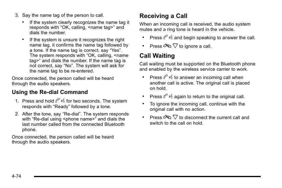 Receiving a call, Call waiting, Using the re‐dial command | Cadillac 2010 Escalade User Manual | Page 266 / 614