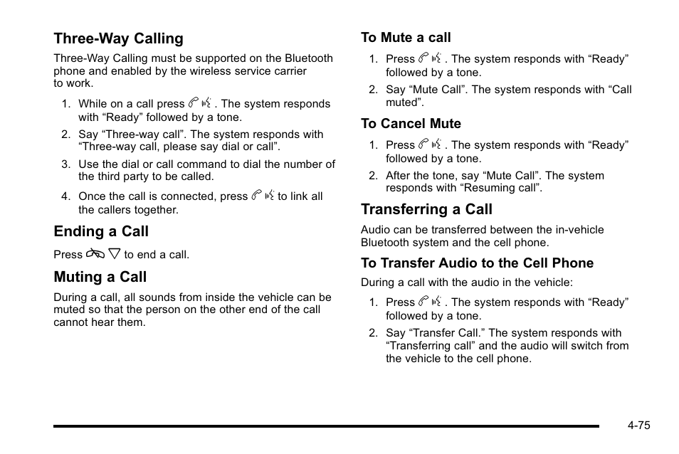 Three‐way calling, Ending a call, Muting a call | Transferring a call | Cadillac 2010 Escalade User Manual | Page 267 / 614