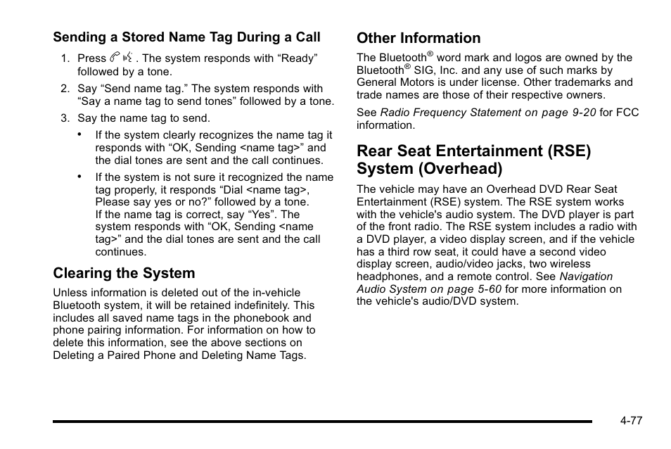 Rear seat entertainment (rse) system (overhead), Rear seat entertainment (rse) system, Overhead) -77 | Clearing the system, Other information, Sending a stored name tag during a call | Cadillac 2010 Escalade User Manual | Page 269 / 614