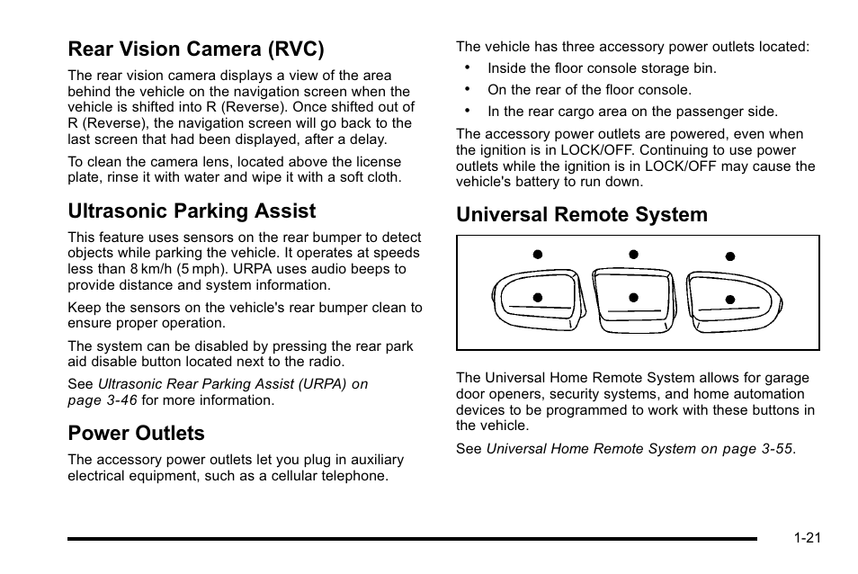 Rear vision camera (rvc), Ultrasonic parking assist, Power outlets | Universal remote system | Cadillac 2010 Escalade User Manual | Page 27 / 614