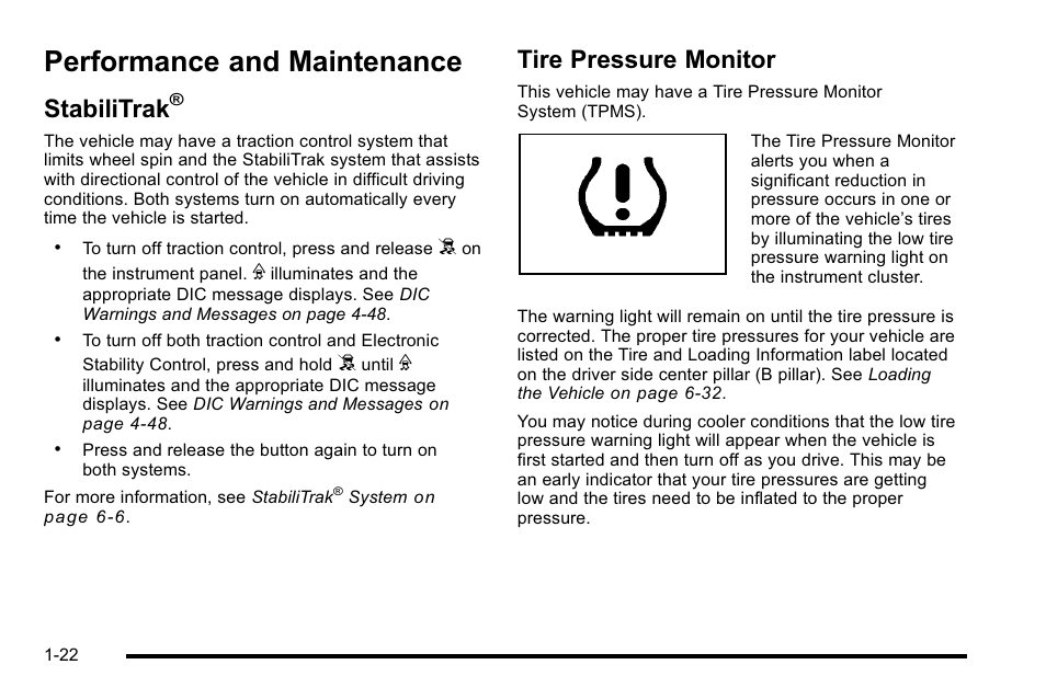 Performance and maintenance, Stabilitrak, Tire pressure monitor | Performance and maintenance -22, Theft-deterrent systems, Tire pressure monitor -22 | Cadillac 2010 Escalade User Manual | Page 28 / 614