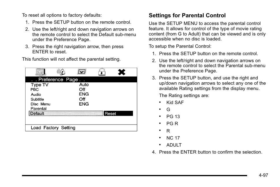 Settings for parental control | Cadillac 2010 Escalade User Manual | Page 289 / 614