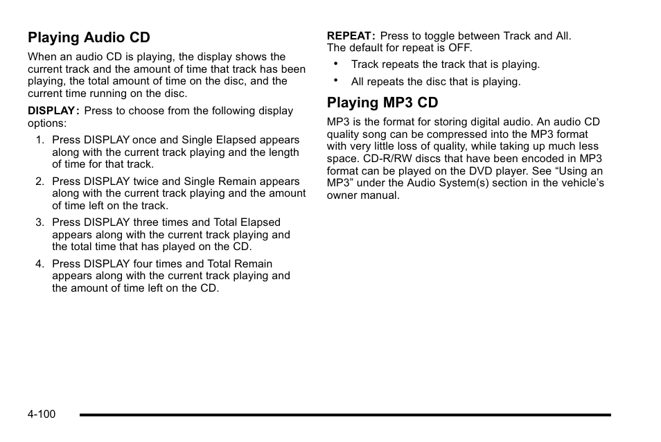 Playing audio cd, Playing mp3 cd | Cadillac 2010 Escalade User Manual | Page 292 / 614