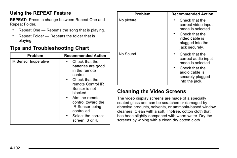 Tips and troubleshooting chart, Cleaning the video screens, Using the repeat feature | Cadillac 2010 Escalade User Manual | Page 294 / 614