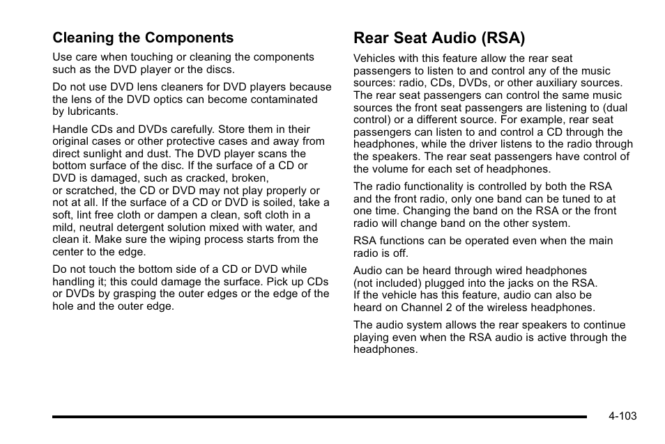 Rear seat audio (rsa), Rear seat audio (rsa) -103, Cleaning the components | Cadillac 2010 Escalade User Manual | Page 295 / 614